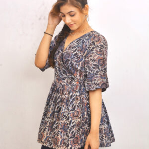 Indigo Cotton Moha Floral Wrap peplum Top