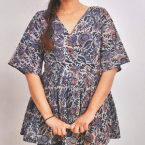 Indigo Cotton Moha Floral Wrap peplum Top