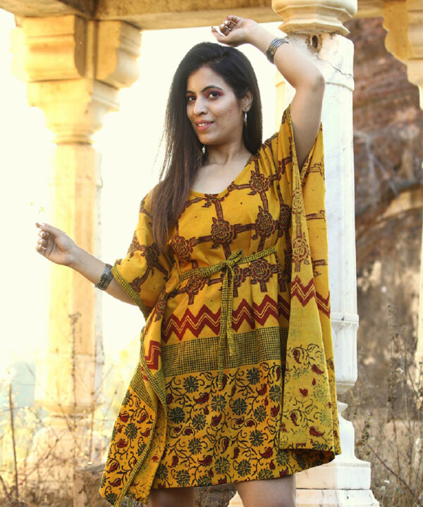 Sun kissed Organic cotton Hand printed Short Caftan Dress 1