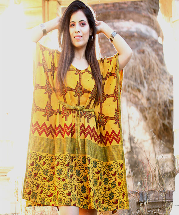 Sun kissed Organic cotton Hand printed Short Caftan Dress 2