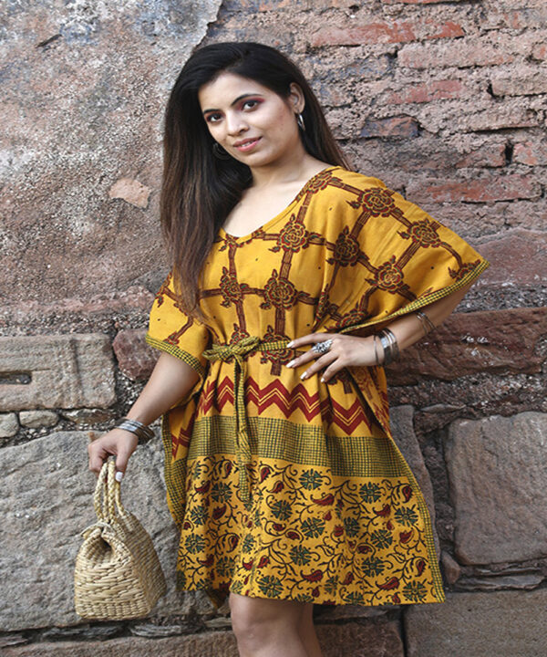 Sun kissed Organic cotton Hand printed Short Caftan Dress 3