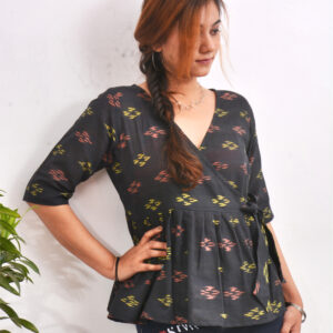 Black Multicolor Juliet Ikkat Handwoven Cotton Peplum Top