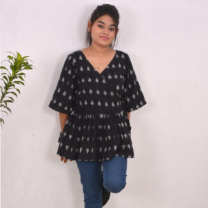 Black White Handwoven cotton Ikkat Wrap Peplum Top