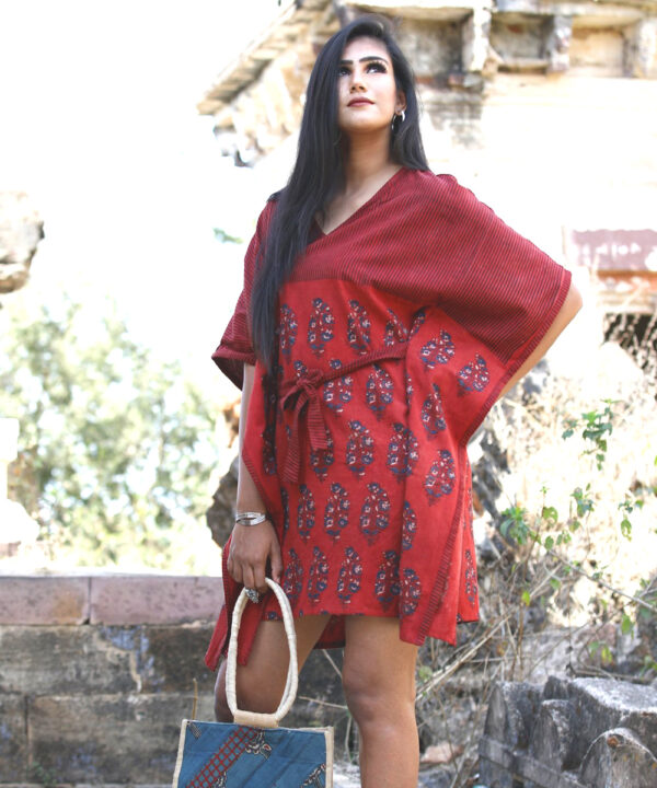 Red Handwoven Cotton Linen Short Handprinted Caftan 4