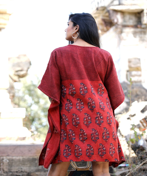 Red Handwoven Cotton Linen Short Handprinted Caftan 6