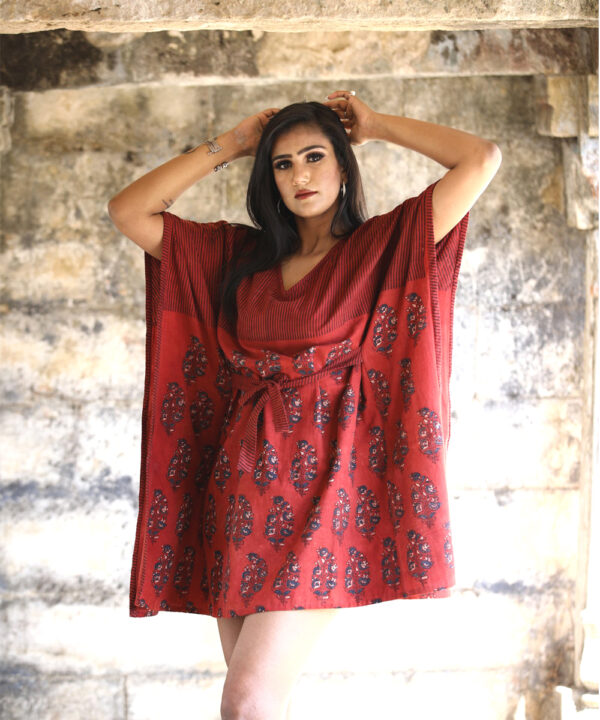 Red Handwoven Cotton Linen Short Handprinted Caftan 5